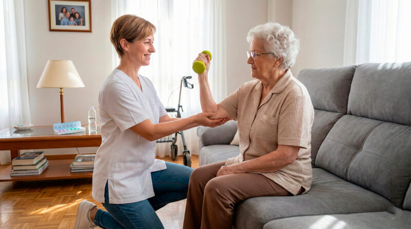 Physiotherapie Hausbesuche Dortmund | Mobile Behandlung Physiotherapeutin unterstützt eine Seniorin mit einem Gehgestell bei Kraftübungen mit Kurzhanteln während eines Hausbesuchs in Dortmund.