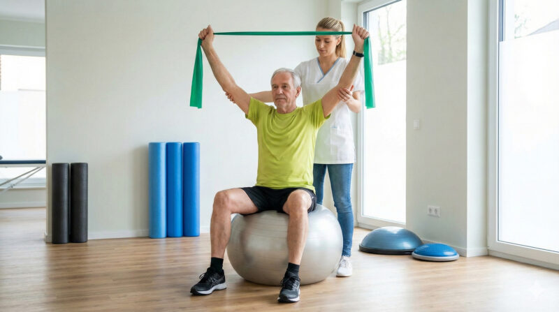 Allgemeine Krankengymnastik - Aktive & passive Therapie zur Bewegungsverbesserung Patientin führt unter therapeutischer Aufsicht aktive Übungen zur Bewegungsverbesserung in der hellen Atmosphäre der Physiotherapie Ulrike Freund Dortmund aus.