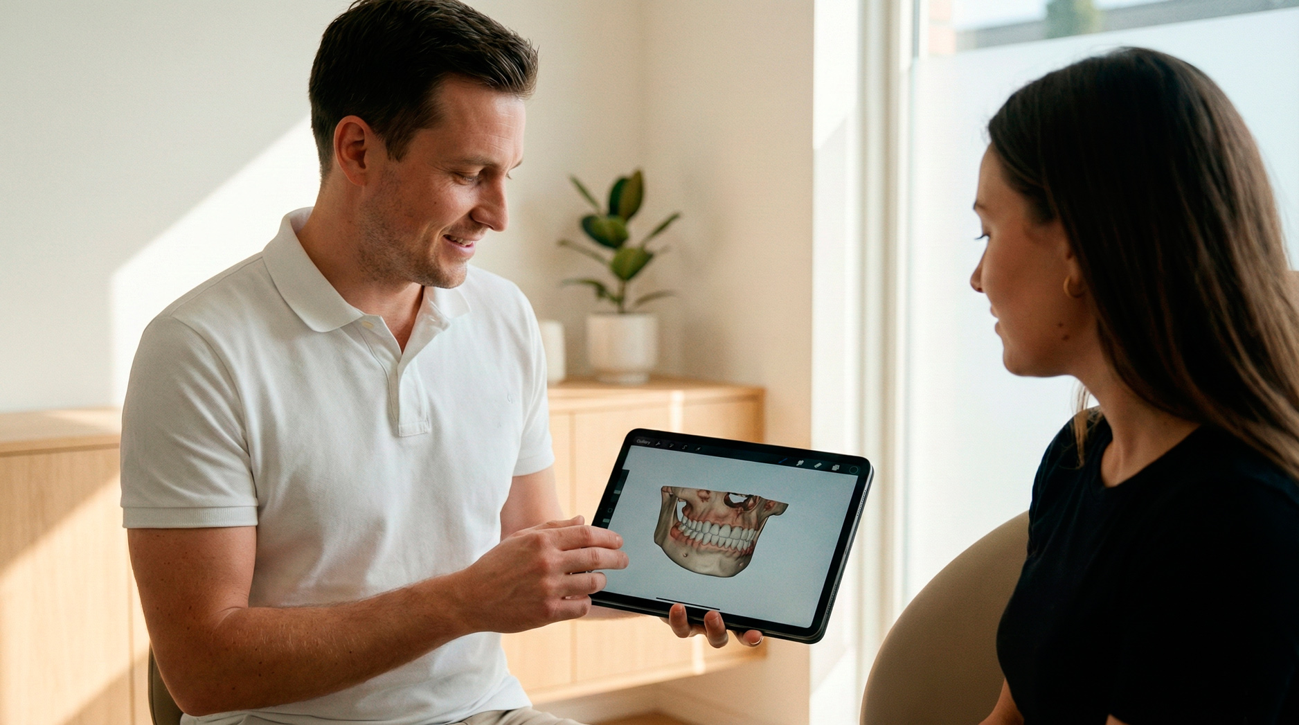 CMD-Beratung in Dortmund: Physiotherapeut erklärt die Funktion des Kiefers anhand einer digitalen Analyse am iPad.