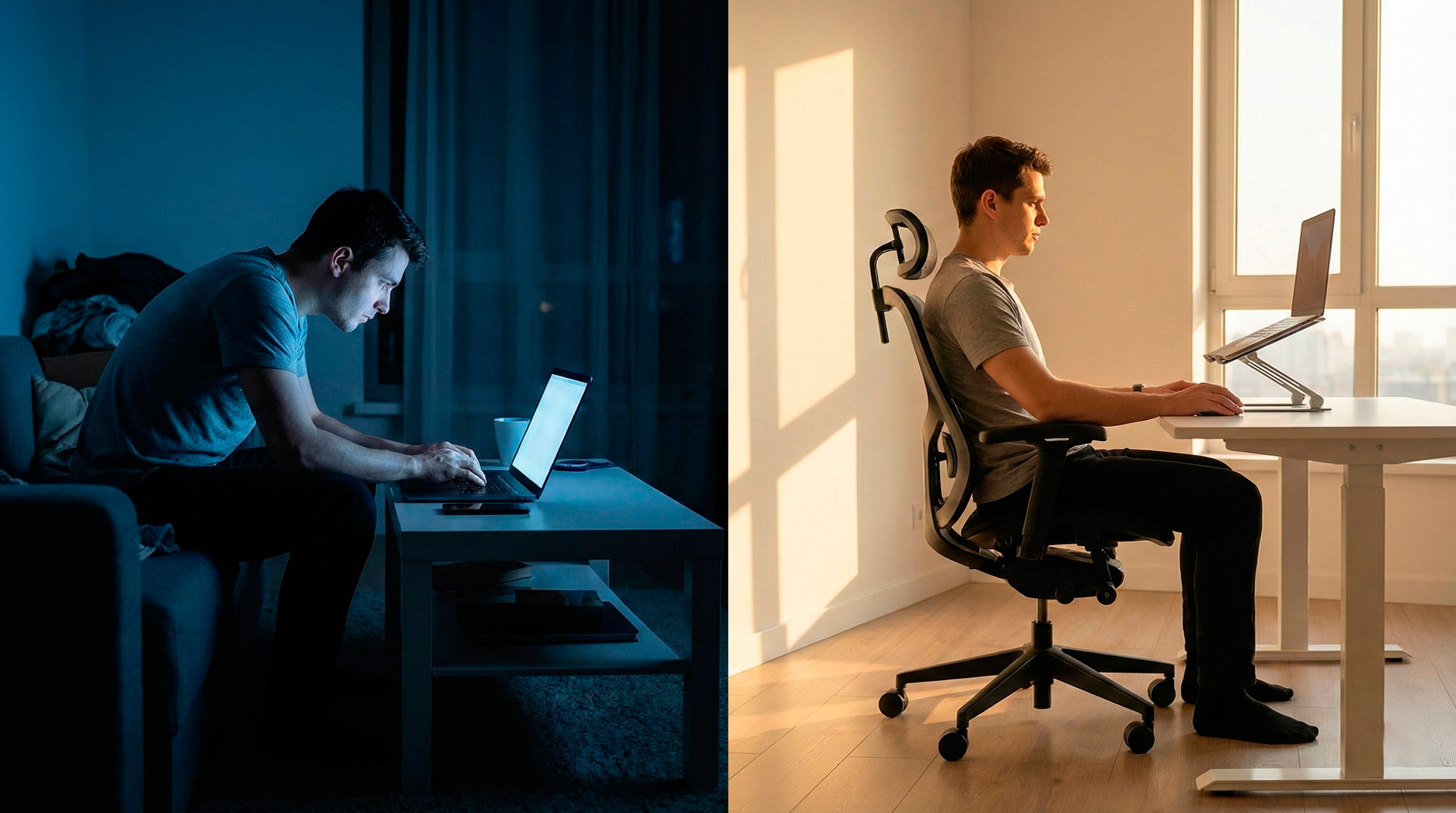 Vergleich von schlechter und guter Sitzhaltung am Arbeitsplatz zur Vermeidung von Nackenschmerzen (Tech Neck).