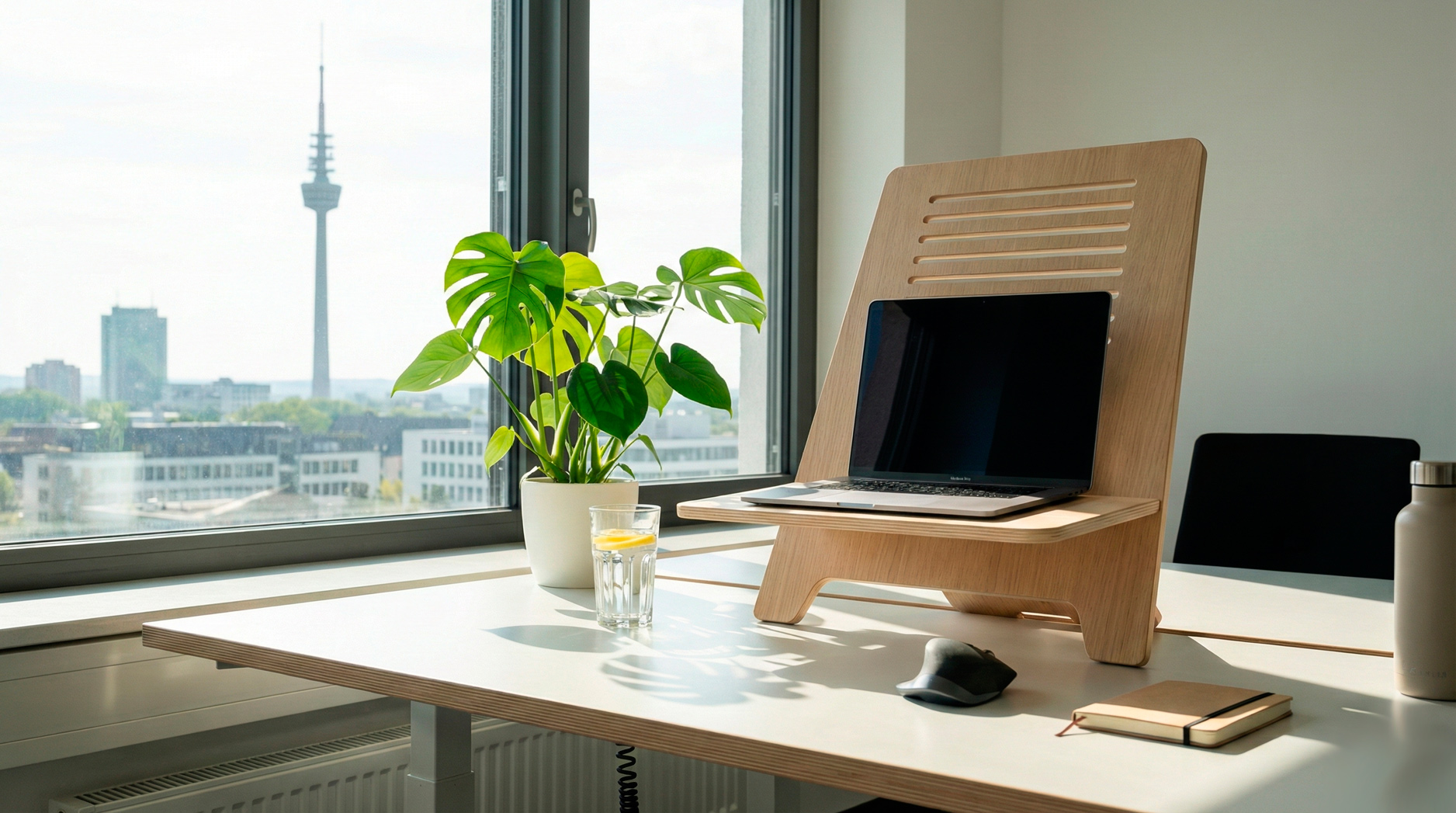 : Ergonomischer Arbeitsplatz in Dortmund mit Stehpult zur Vorbeugung von HWS-Syndrom und chronischen Nackenschmerzen.