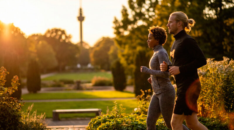 Läufer im Westfalenpark Dortmund während der Golden Hour; professionelles Training und Rehabilitation in einer Physiotherapie-Praxis in Dortmund.