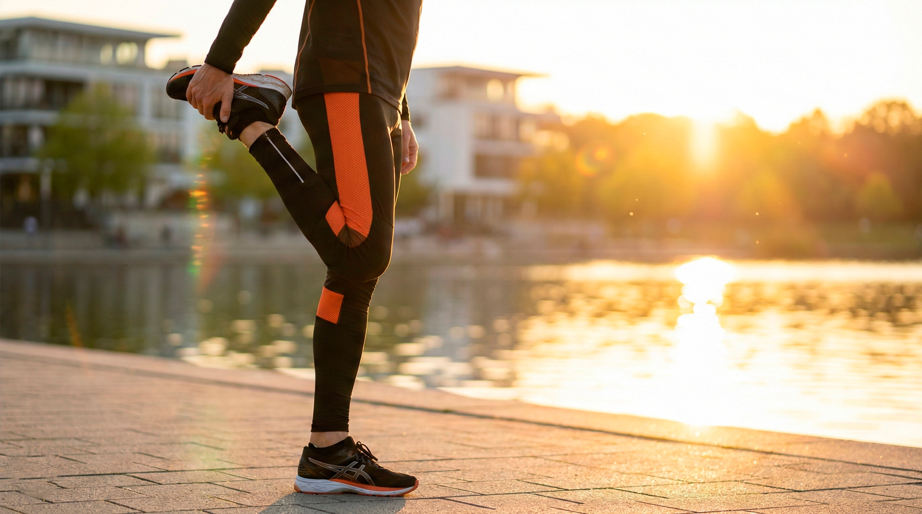 Läufer beim Dehnen am Phoenix-See in Dortmund zur Prävention von Sportverletzungen wie dem Läuferknie.