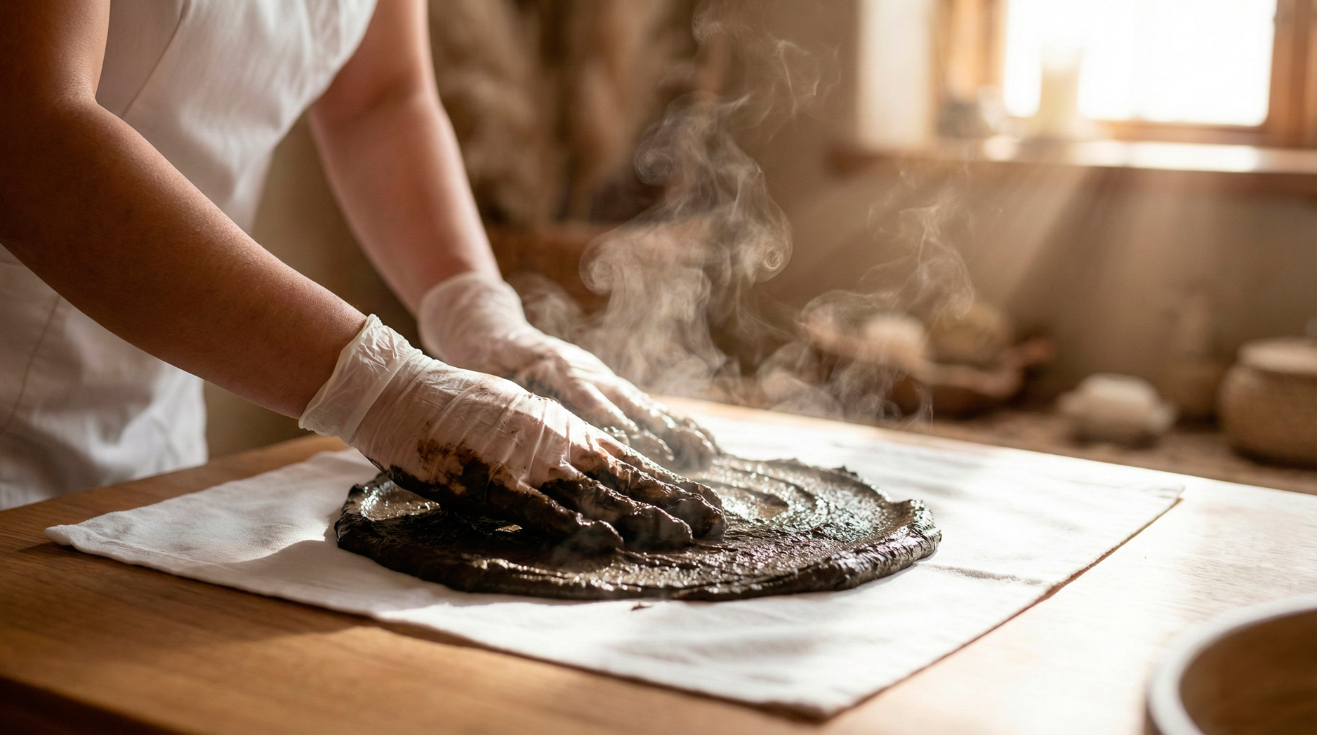 Vorbereitung einer warmen Naturmoor-Packung (Fango) zur Schmerzlinderung in einer Dortmunder Physiotherapie-Praxis.