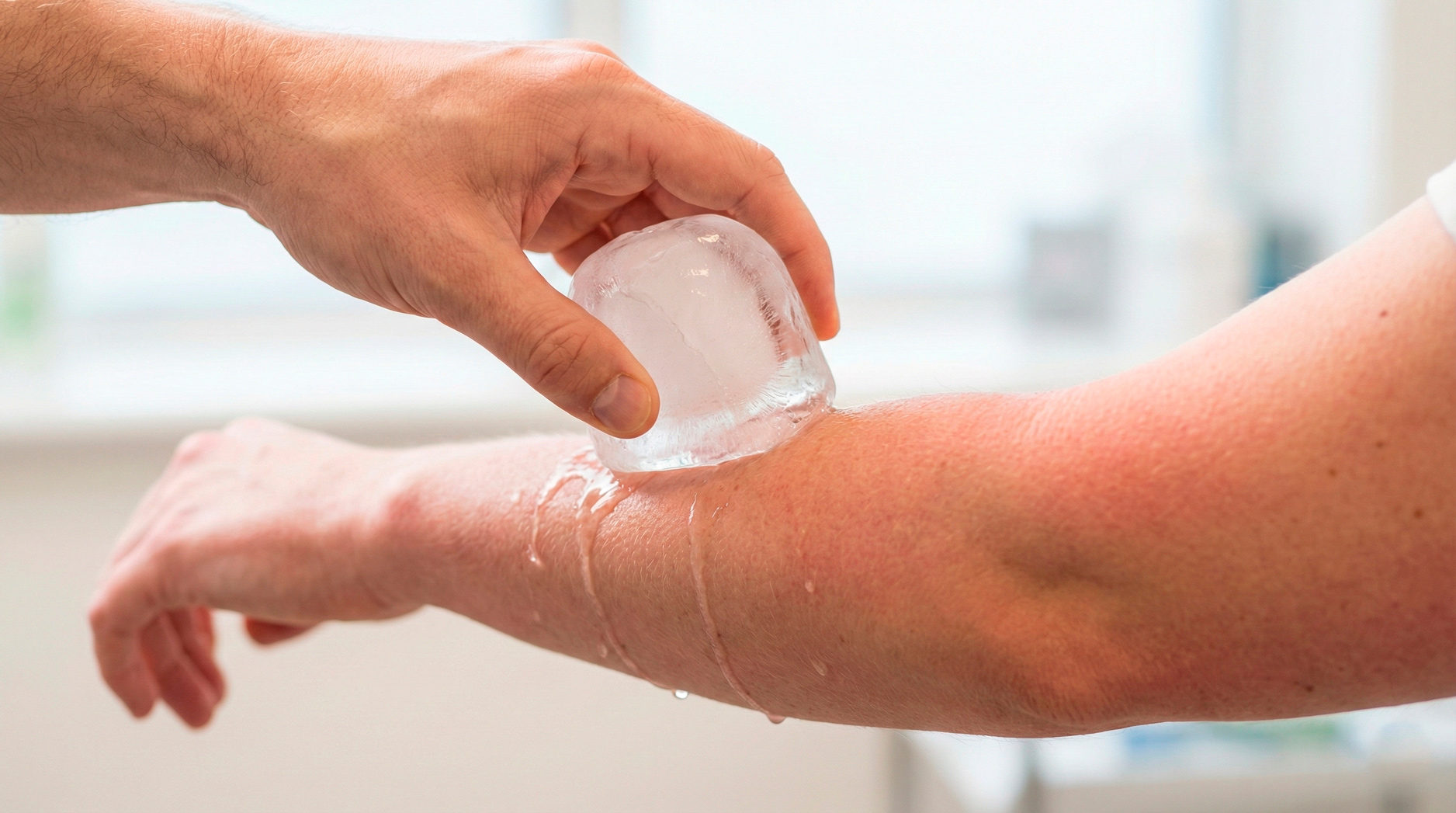 Kältetherapie mittels Eisabreibung zur Entzündungshemmung und Abschwellung nach einer akuten Sportverletzung.