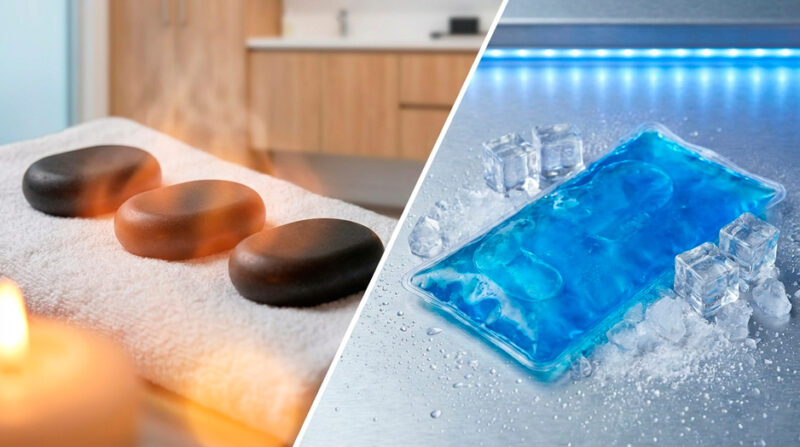 Professioneller Vergleich von Waermetherapie mit Hot Stones und Kaeltetherapie mit Eisbehandlung in einer modern Dortmund Physiotherapie-Praxis