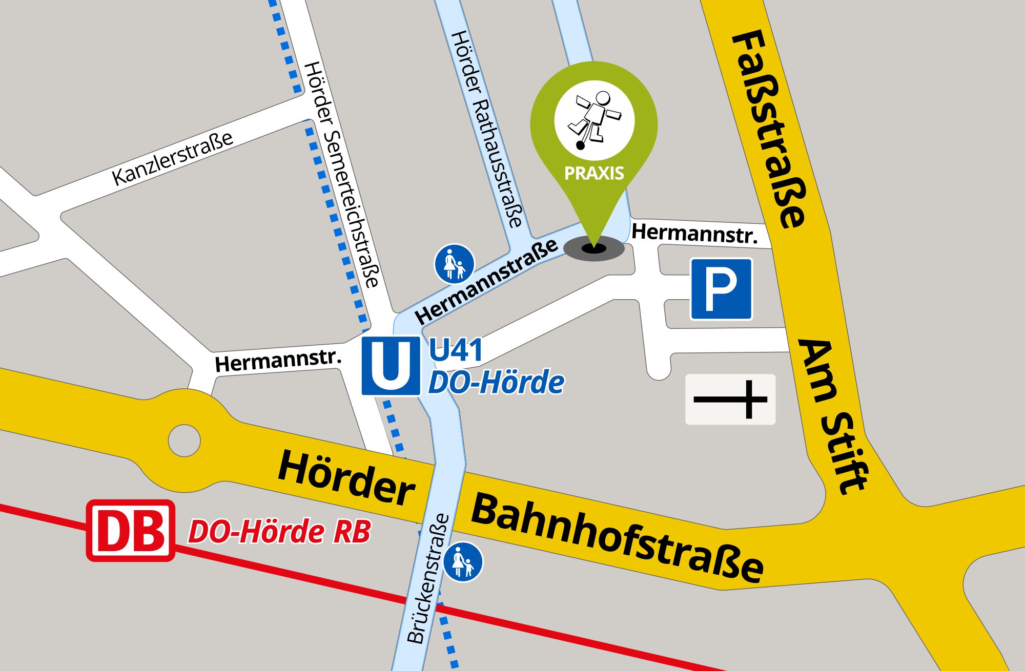 Lageplan eines Teils des Dortmunder Stadtteils Hörde mit Kennzeichnung der Physiotherapiepraxis Ulrike Freund.