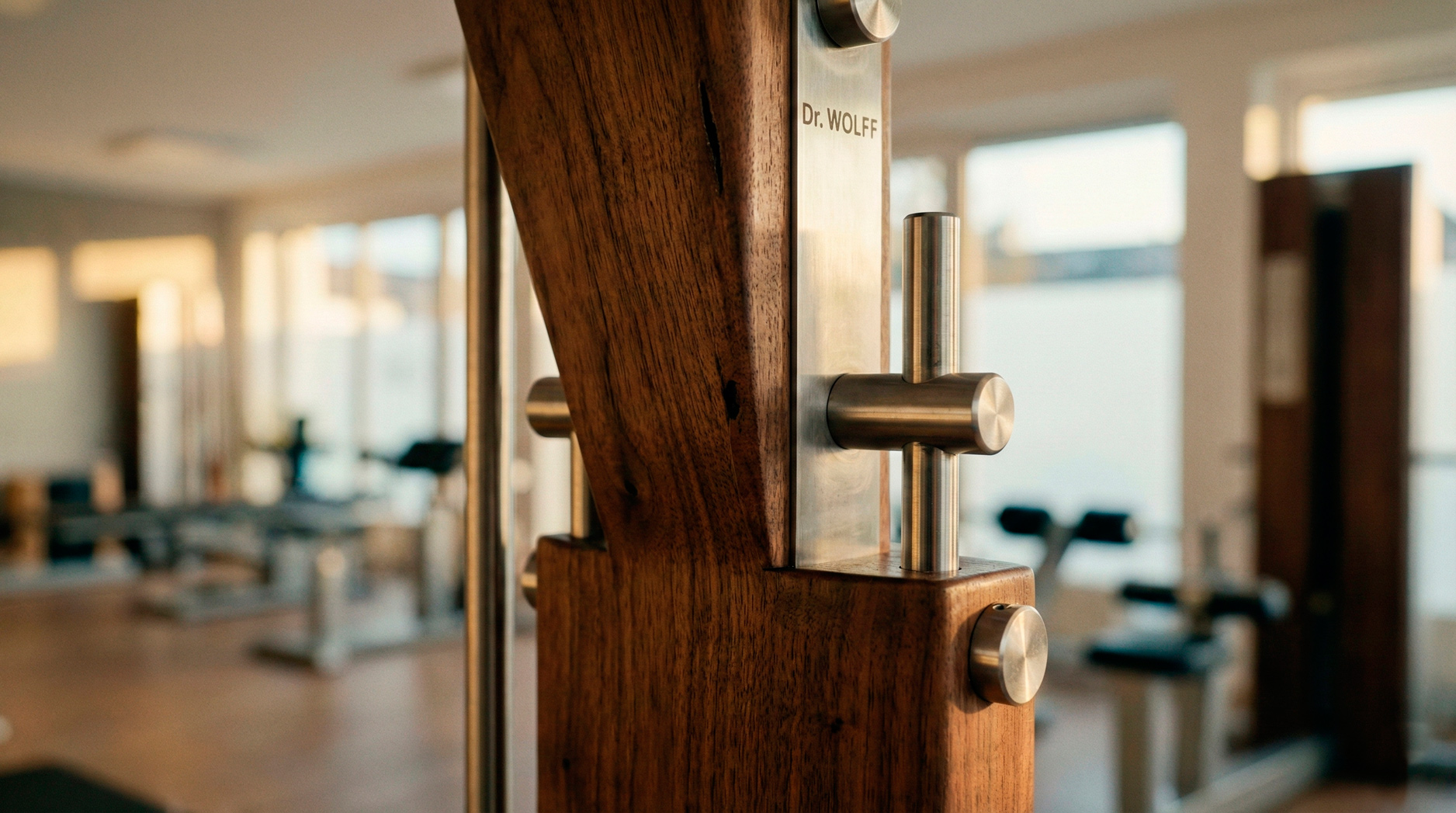 Detailaufnahme der hochwertigen Verarbeitung eines Dr. Wolff Therapiegeräts aus Holz und Stahl