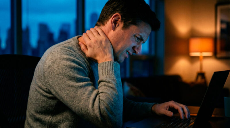 Person mit starken Nackenschmerzen (Tech Neck) bei der Arbeit am Laptop im Home Office – Physiotherapeutische Hilfe bei HWS-Syndrom in Dortmund.